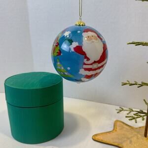 Pier 1 Li Bien 2007 Reverse Hand Painted Glass Santa Christmas Ornament with Box